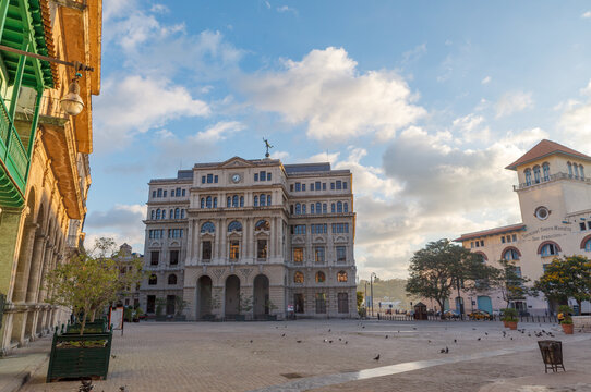View at the former stcok exchange building (Edificio de la Lonja del Comercio de La Habana) and the Tierra Maestra sea terminal in Old Havana, Cuba