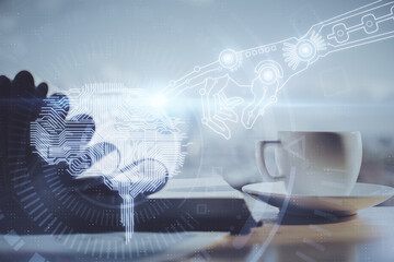 Double exposure of brain drawing and desktop with coffee and items on table background. Concept of...