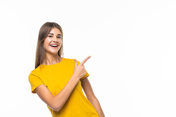 woman pointed side with a smile on white background