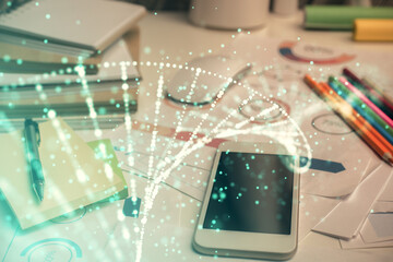 Double exposure of DNA drawing and cell phone background. Concept of medical education