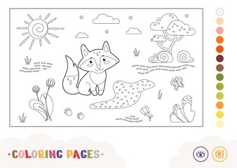 Colorless contour image of a fox sitting near the forest stream. Wild animals preschool kids coloring book illustrations and developmental activity.