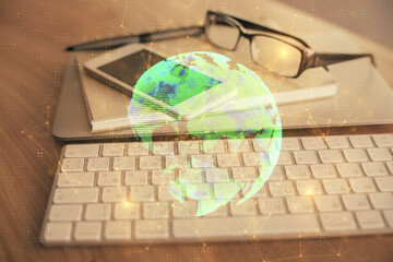 Double exposure of social network theme drawing and cell phone background. Concept of people connection over the world