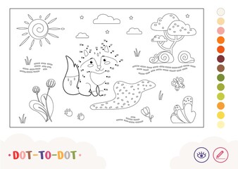 Colorless dot-to-dot image with a fox sitting near the forest stream. Wild animals preschool kids coloring book illustrations and developmental activity.