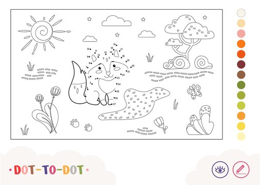 Colorless dot-to-dot image with a fox sitting near the forest stream. Wild animals preschool kids coloring book illustrations and developmental activity.