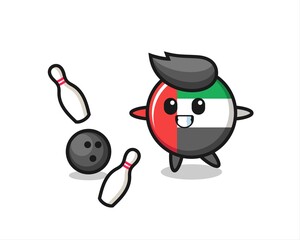 Character cartoon of uae flag badge is playing bowling