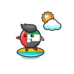 Illustration of uae flag badge cartoon do surfing on the beach