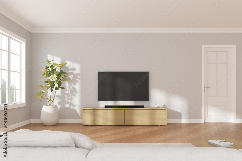 Poster 3D rendering of modern living room with TV screen and sofa on nature background.
