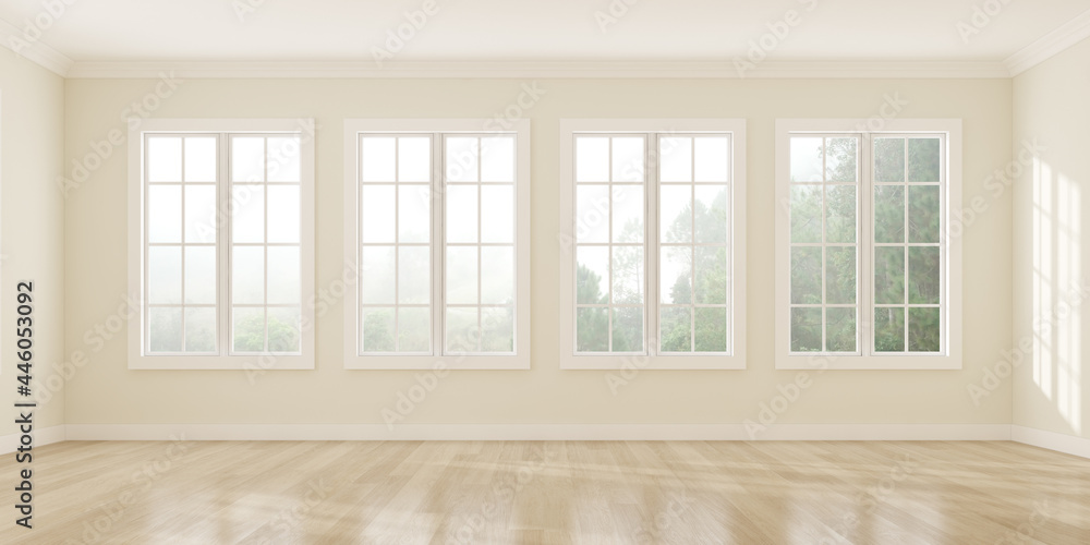 Poster 3d rendering of white empty room with wooden floor and sun light cast shadow on the wall. windows an