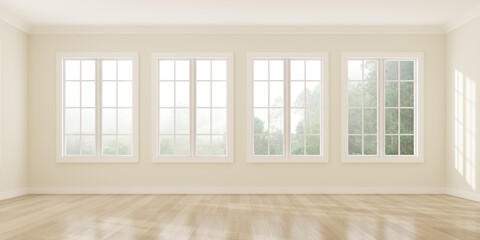 Fototapeta na wymiar 3D rendering of white empty room with wooden floor and sun light cast shadow on the wall. Windows and nature background.
