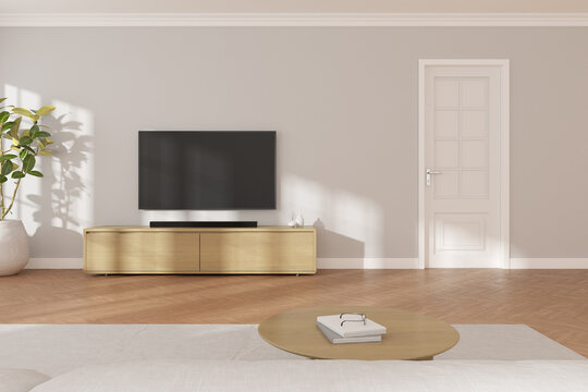 3D Rendering Of Modern Living Room With TV Screen And Sofa On Grey Wall Background.