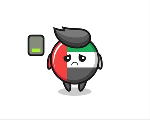 uae flag badge mascot character doing a tired gesture