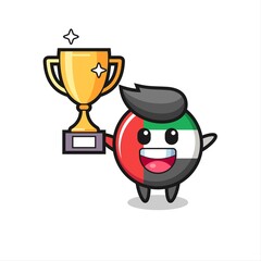 Cartoon Illustration of uae flag badge is happy holding up the golden trophy