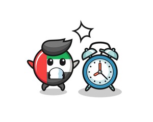 Cartoon Illustration of uae flag badge is surprised with a giant alarm clock