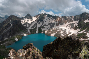 Naklejka na ściany i meble alpine lake Murudzhinskoe blue in the Teberdinsky nature reserve