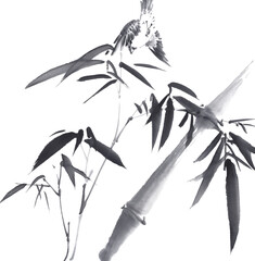 竹林を飛び回る雀　墨絵イラスト　