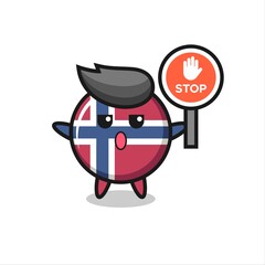 norway flag badge character illustration holding a stop sign