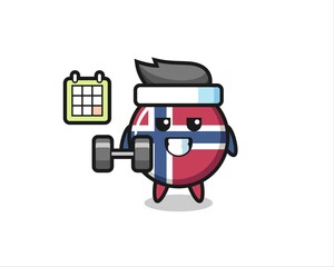 norway flag badge mascot cartoon doing fitness with dumbbell