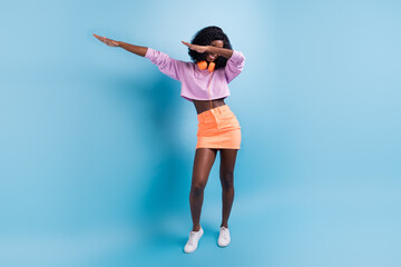 Full size photo of positive dark skin person hands dabbing cover eyes isolated on violet color background