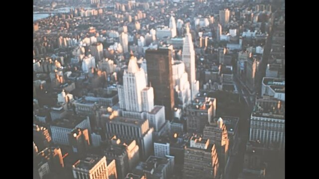 Manhattan aerial view on Madison Square of New York city with historic 1900s Flatiron Building at sunset. Archival skyline of New York aerial view in 1970s. Vintage United States of America in 1976.