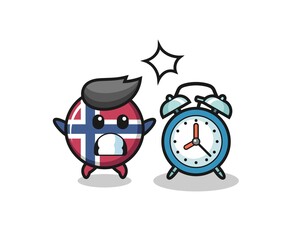 Cartoon Illustration of norway flag badge is surprised with a giant alarm clock