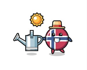 Cartoon character of norway flag badge holding watering can