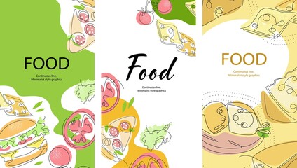 A set of backgrounds with images of food. Burgers, cheese and pizza. Social media templates.