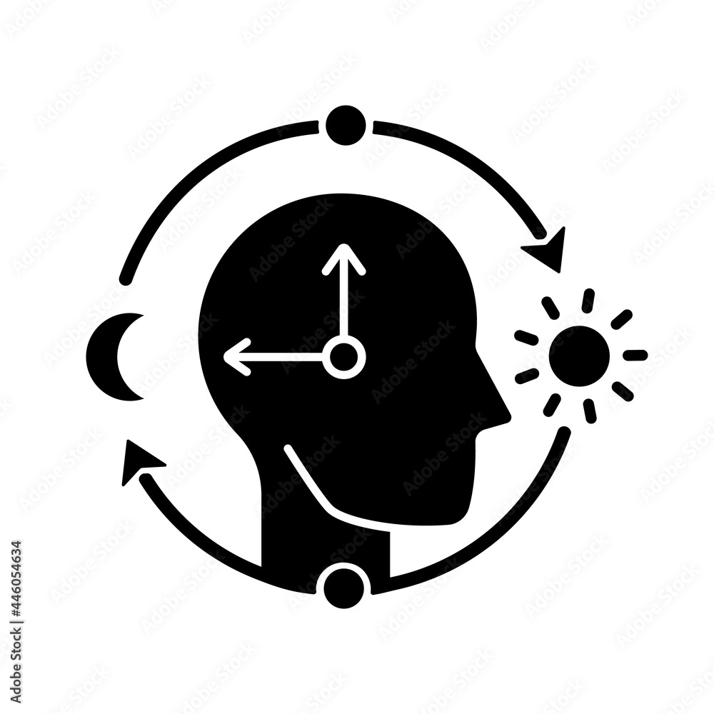 Poster circadian rhythms black glyph icon. internal daily clock. optimize cognitive function for daytime. s