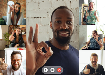 Gesturing, nice, ok sign. Team working by group video call share ideas brainstorming use video...