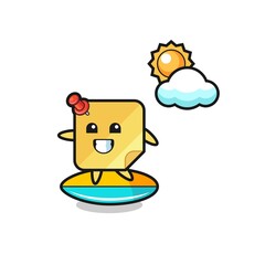 Illustration of sticky note cartoon do surfing on the beach
