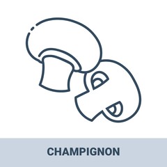 Fresh champignons outline monochrome icon with title. Vector monochrome illustrations isolated on white background. Healthy food concept.