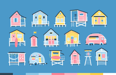 Beach houses and trailers. Cute summer cartoon nursery set in simple hand drawn childish scandinavian style. Tiny tropical buildings in a colorful pastel palette. Ideal for printing.