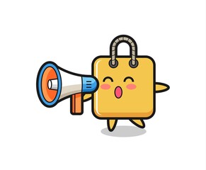 shopping bag character illustration holding a megaphone