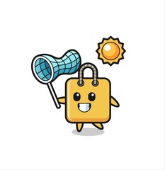 shopping bag mascot illustration is catching butterfly