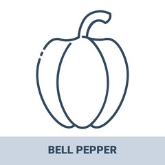 Fresh bell pepper outline monochrome icon with title. Vector monochrome illustrations isolated on white background. Healthy food concept.