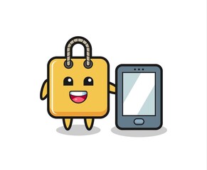 shopping bag illustration cartoon holding a smartphone