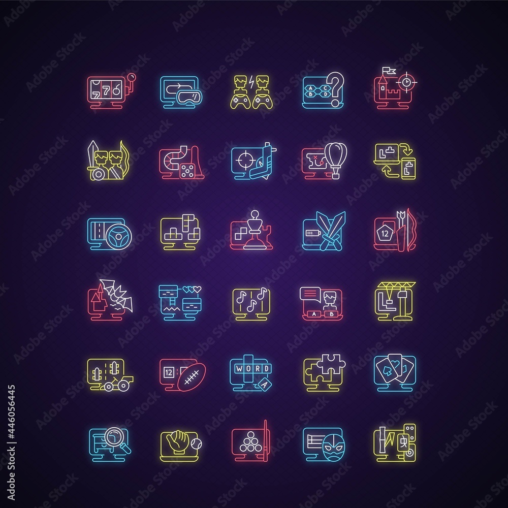 Aufkleber online game types neon light icons set. adventure gameplay. exciting action gameplay. cooperative qu