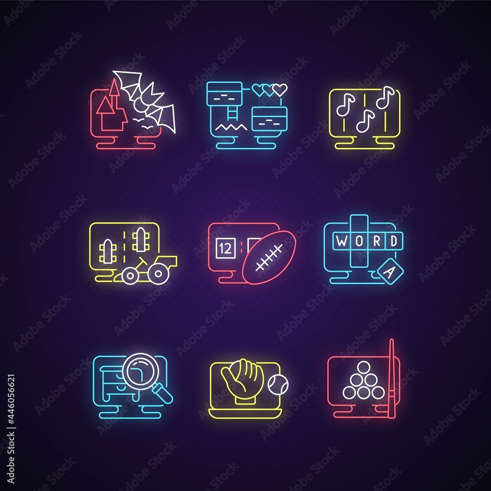 Aufkleber online simulators neon light icons set. playing cooperative games with friends. interesting characte