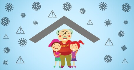 Composition of family embracing over virus icons on blue background