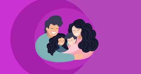 Composition of family embracing on pink background