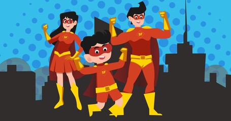 Composition of parents and son over cityscape