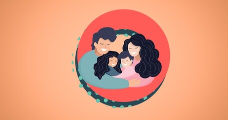 Composition of family embracing on pink background