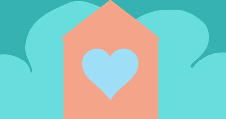 Composition of pink house with heart on blue background