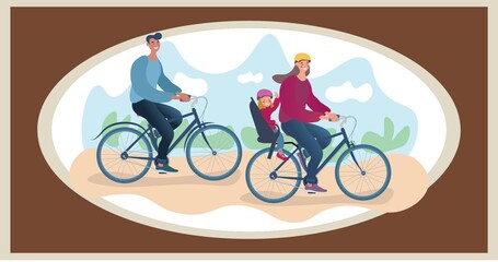 Composition of family cycling on brown background
