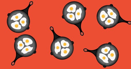 Composition of pan with eggs icons on red background