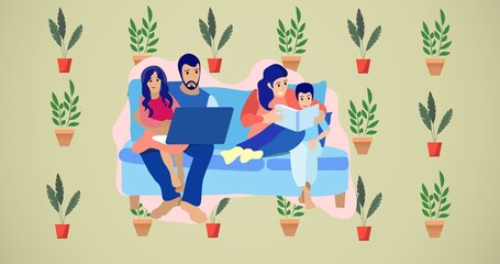 Fototapeta premium Composition of family sitting on couch on green background