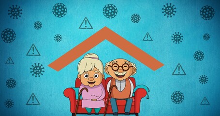 Composition of grandparents sitting on couch on blue background