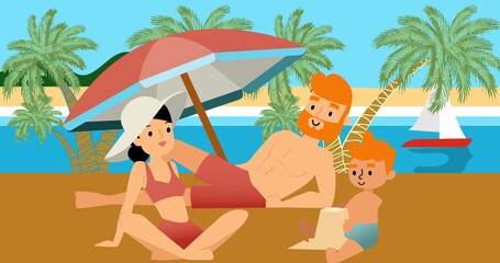 Composition of family at beach on blue background