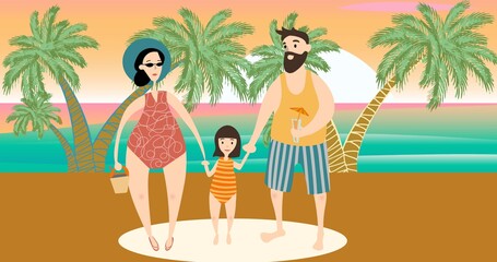 Composition of family at beach on orange background