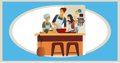 Composition of family cooking on blue background