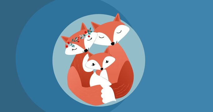 Composition of fox family embracing on blue background